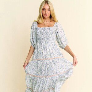 Davi & Dani Contrast Ric Smocking Bodice Tiered Midi Dress